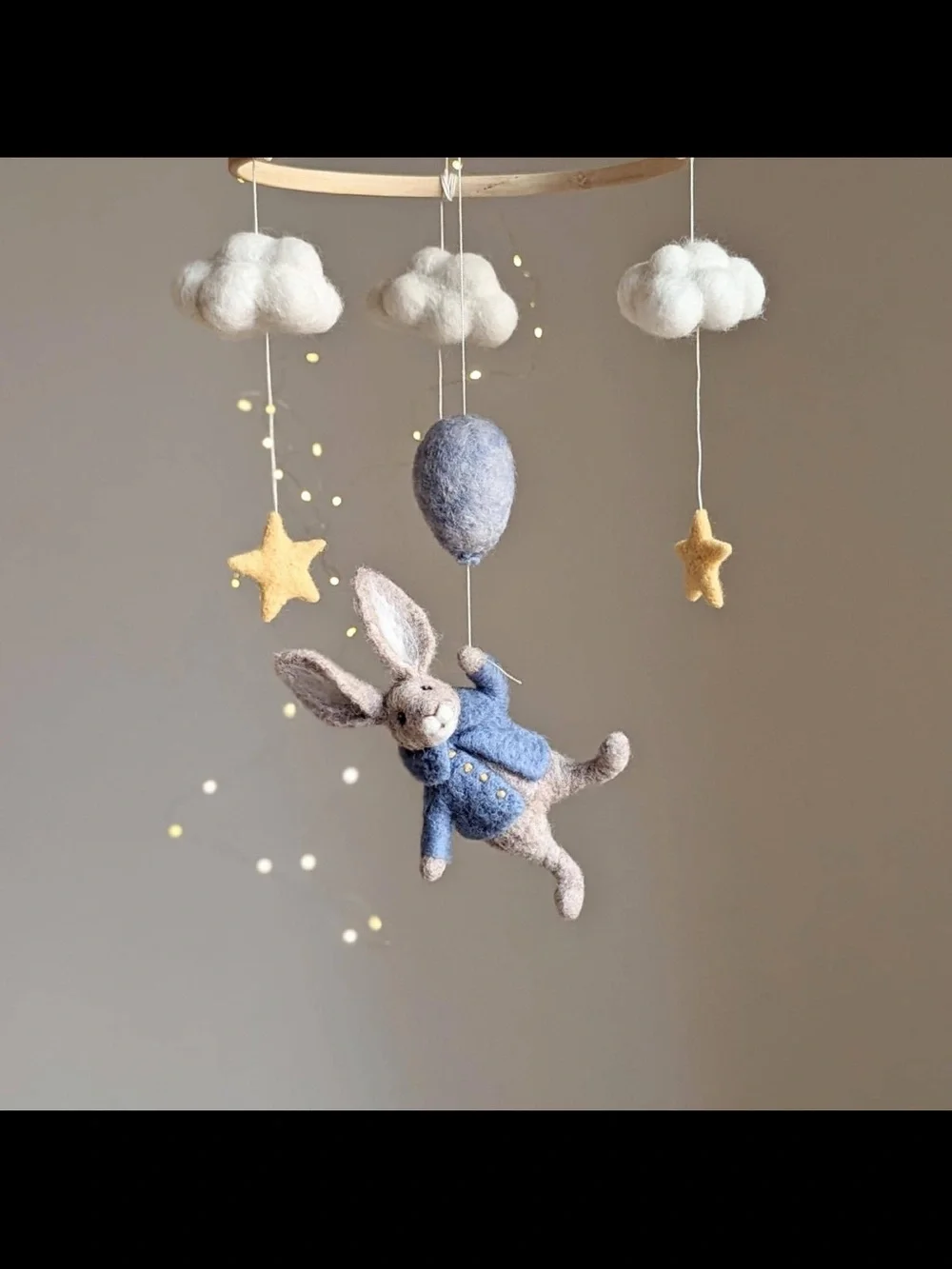 Handmade Felt Bunny Mobile with Clouds & Stars - Blue